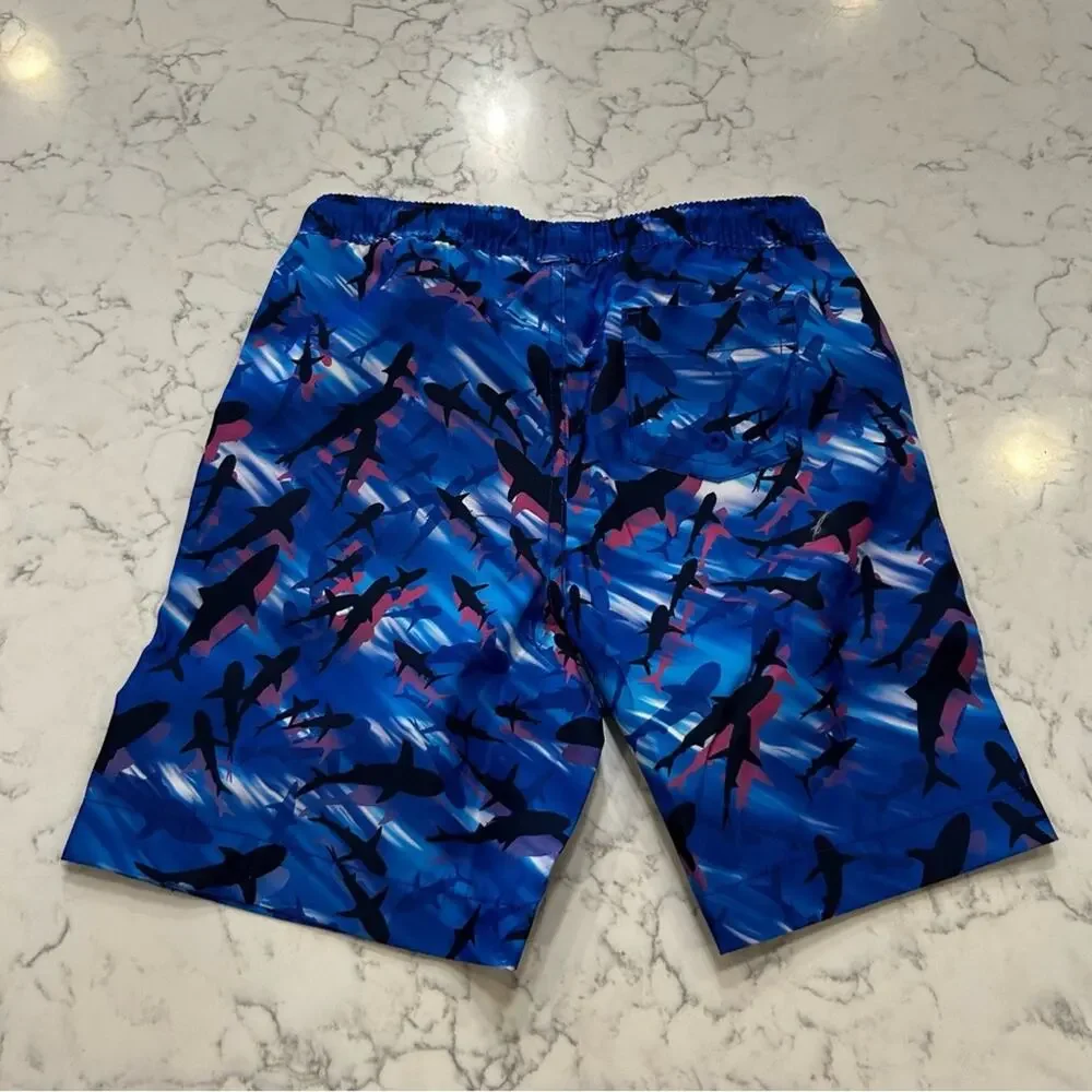 NWOT Lands End Cool Sharks Print Blue Swim Trunks Size Small 6-7‎